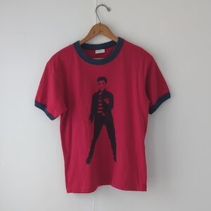 Vintage Elvis Print T-Shirt Ringer Style Red & Navy Youth L  Fits Womens Small